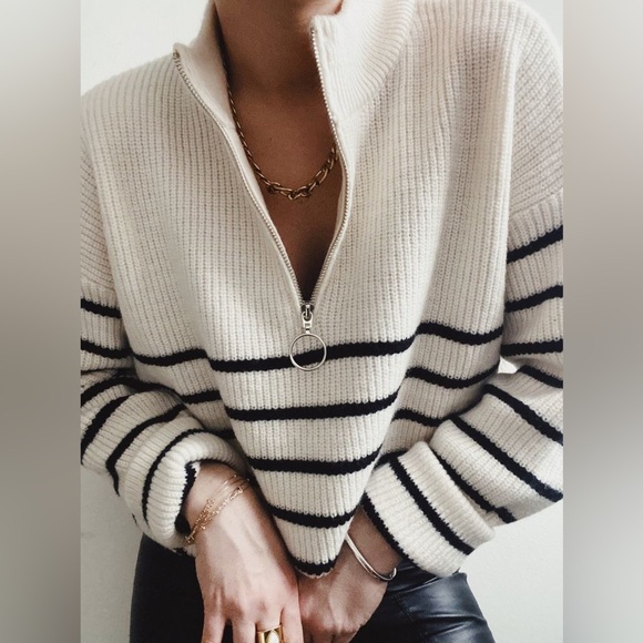 Striped White Black Knit Sweater Quarter Zip Relaxed Fit Sailor Minimalist Cozy - Picture 2 of 10